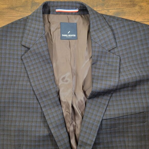 Daniel Hechter Paris 42L Wool Polyester Viscose Navy Blue Plaid Two-Button Front - Picture 3 of 12